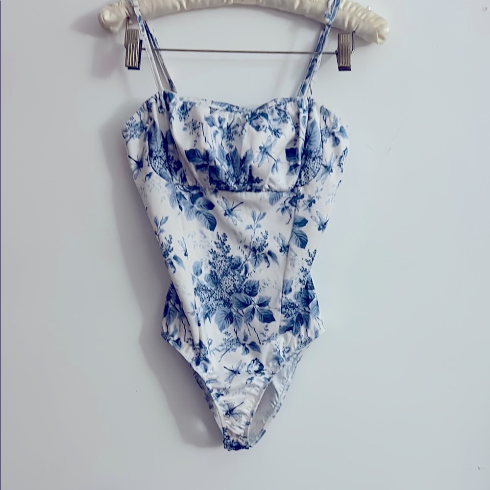 Floral Blue and White One-Piece Swimsuit